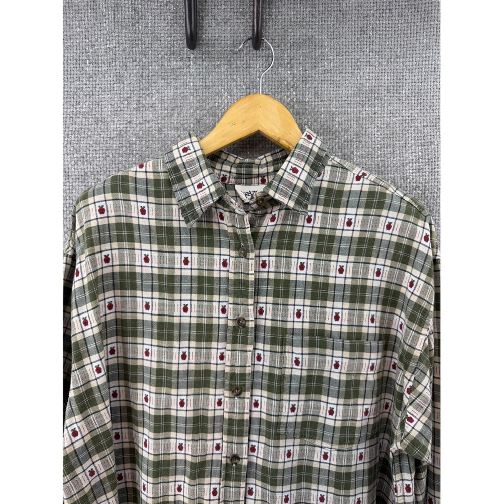Krazy Kat Woman Green Plaid Embroidered Apple Button Down Shirt Cottagecore L/S